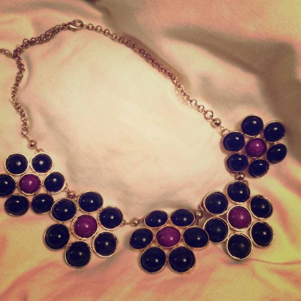 Purple and black flower statement necklace
